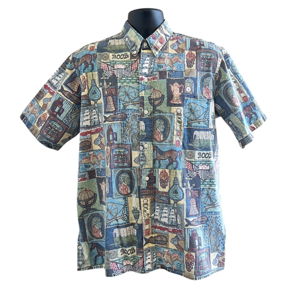 Reyn Spooner Hawaiian Shirt XL Blue Americana Western Print Button Front
